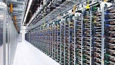 Vast crypto mining farm with rows of high-density miners